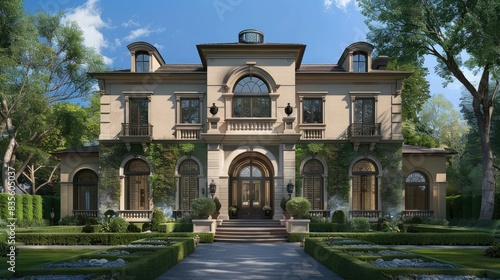 Artistic representation of exterior house with highend features, like large windows and ornate trim in light brown color