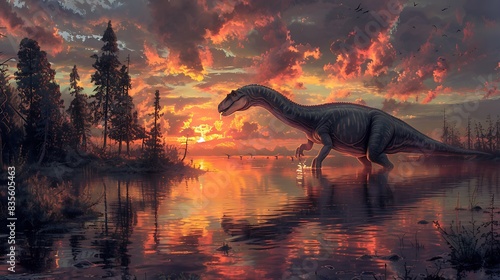 adult Apatosaurus peacefully drinking water from a lake with a sunset reflecting on the water s surface and other dinosaurs nearby