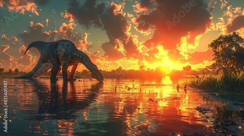 adult Apatosaurus peacefully drinking water from a lake with a sunset reflecting on the water s surface and other dinosaurs nearby