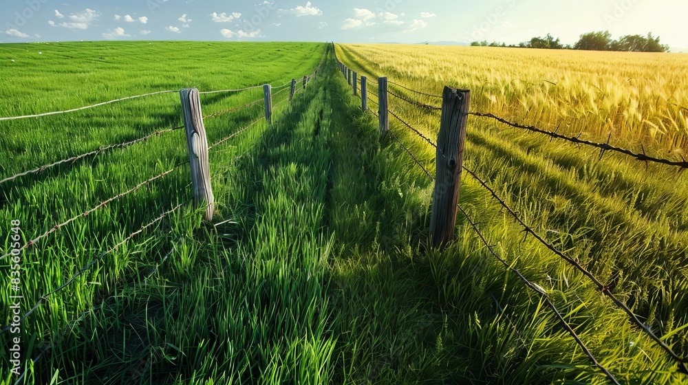 Two fields separated by a fence, one lush and thriving, the other parched and dull, illustrating the concept the grass is always greener on the other side Two fields separated by a fence, one lush and thriving, the other parched and dull, illustrating the concept the grass is always greener on the other side