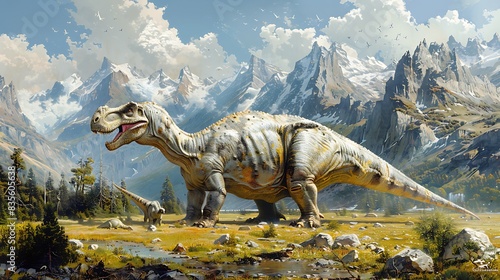 adult Argentinosaurus grazing peacefully in a large open field with mountains in the background and other dinosaurs nearby