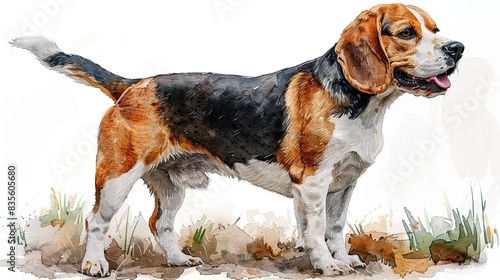 Beagle watercolor painting. A small breed of scent hound that was originally bred for hunting. photo
