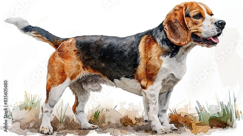 Beagle watercolor painting. A small breed of scent hound that was originally bred for hunting.