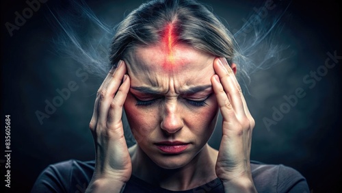 Woman Experiencing Severe Migraine Headache Pain. Generative AI