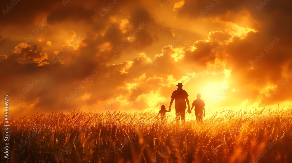 Fototapeta premium A family walks hand in hand through a golden field at sunset, bathed in warm light and surrounded by dramatic clouds, symbolizing unity, love, and the beauty of togetherness in a breathtaking landscap