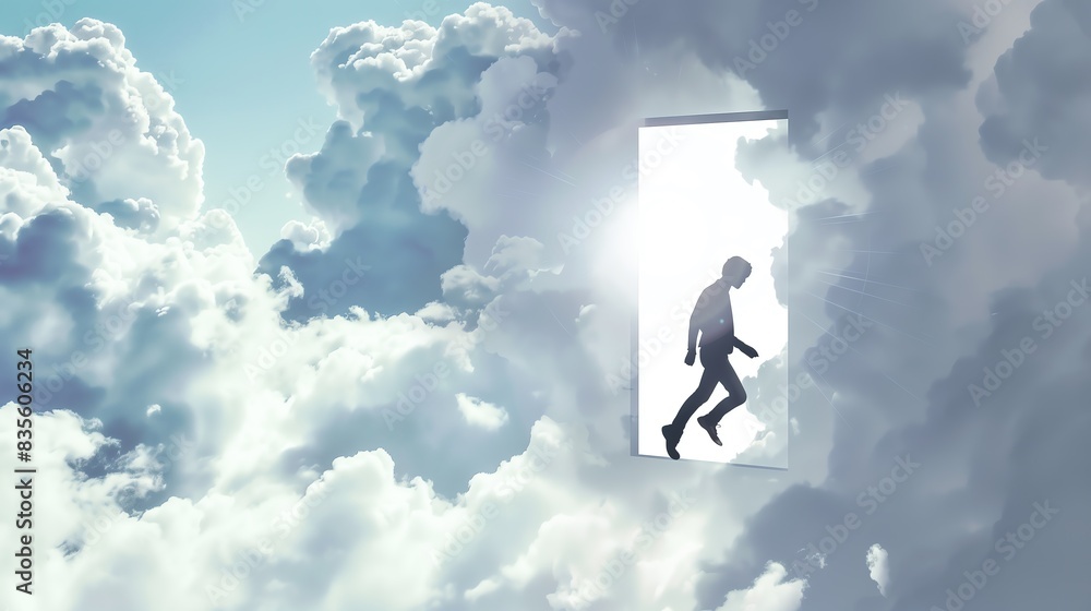 A silhouette of a person steps through a door into a sea of fluffy clouds, symbolizing a journey into the unknown and the pursuit of dreams. The scene combines elements of surrealism and fantasy in a A silhouette of a person steps through a door into a sea of fluffy clouds, symbolizing a journey into the unknown and the pursuit of dreams. The scene combines elements of surrealism and fantasy in a
