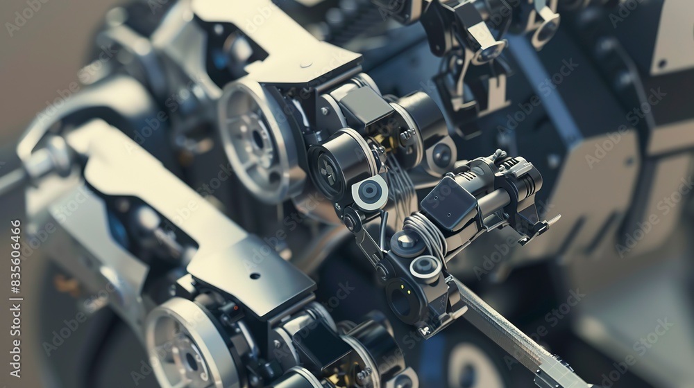Fototapeta premium Close-up of AI-controlled robotic arm, precision gears and joints, industrial setting, sharp focus