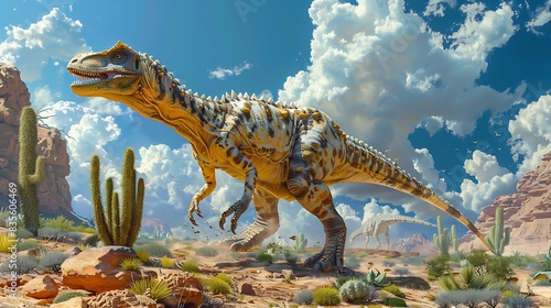 adult Coelophysis hunting in a desert environment with cacti and sand dunes and other dinosaurs nearby © HaiderShah