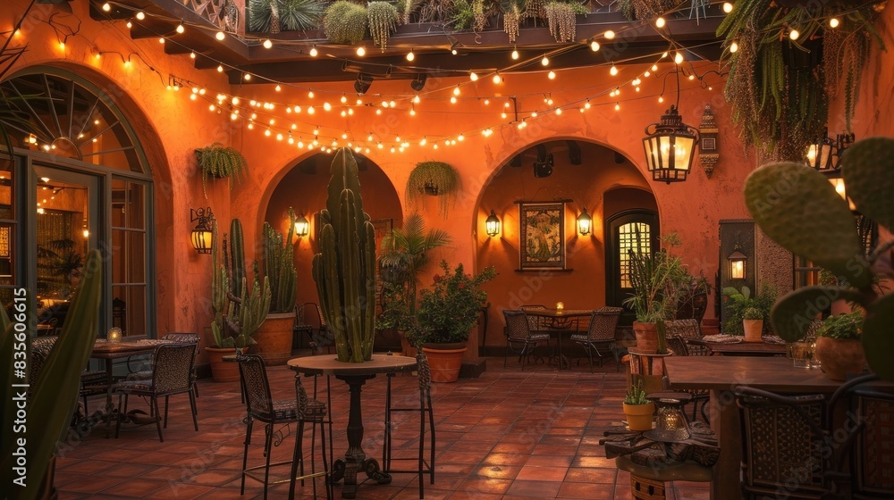Beautiful Spanish style courtyard with lanterns and cacti at night, warm orange lighting, with large 