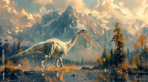 adult Diplodocus walking majestically through a valley with mountains in the distance and other dinosaurs nearby