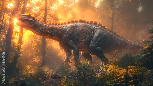 adult Europasaurus walking through a dense forest with sunlight filtering through the canopy and other dinosaurs nearby