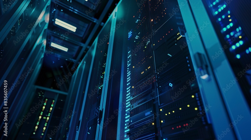 Detailed view of a server rack with blinking lights in a big data center, close-up, cool blue ambient light. Detailed view of a server rack with blinking lights in a big data center, close-up, cool blue ambient light.