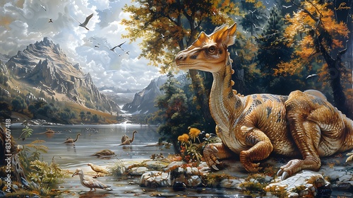 adult female Parasaurolophus resting near a peaceful riverbank with birds flying overhead and other dinosaurs nearby