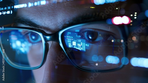 Network engineer monitoring big data traffic, close-up on eyes reflected in the screen, intense focus.  © Thanthara