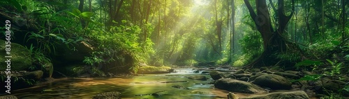 Dense forest with sunlight filtering through the trees, lush greenery, tranquil stream, vibrant flora, serene and untouched natural beauty