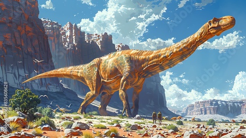 adult Miragaia standing tall in a rocky desert with a clear blue sky above and other dinosaurs nearby photo