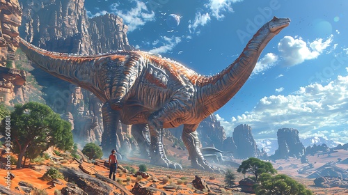 adult Miragaia standing tall in a rocky desert with a clear blue sky above and other dinosaurs nearby