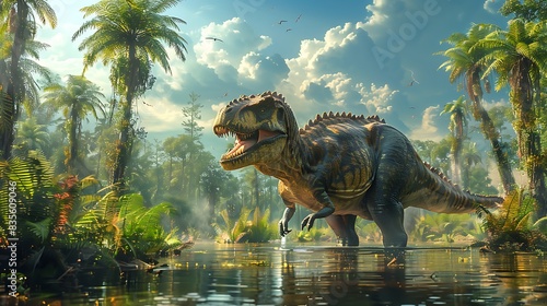 adult Ouranosaurus walking through a prehistoric floodplain with tall palm trees and ferns around it and other dinosaurs nearby