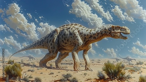 adult Nigersaurus roaming a dry desertlike landscape with sand dunes and sparse vegetation and other dinosaurs nearby