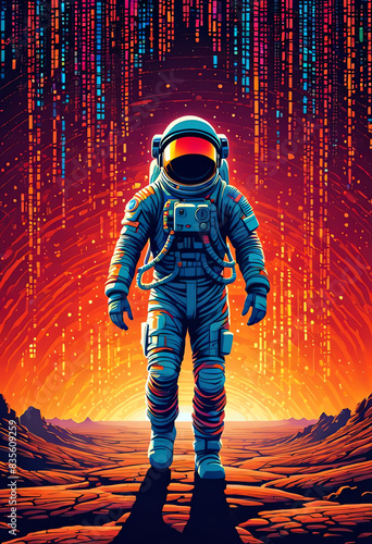 vibrant astronaut on planet illustration with a cascade of colorful binary code