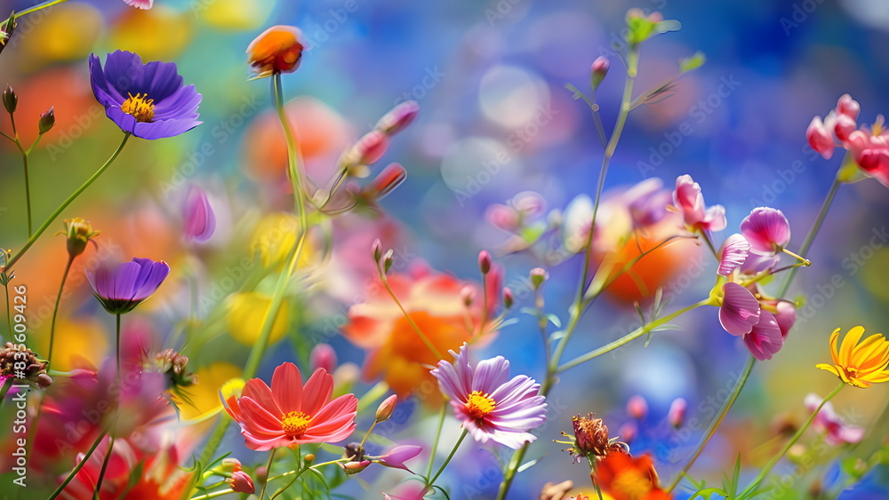 Bunte Wildblumenwiese in lebendigen Farben vor unscharfem Hintergrund - Ai-Ki generiert Bunte Wildblumenwiese in lebendigen Farben vor unscharfem Hintergrund - Ai-Ki generiert