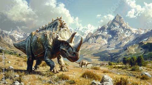 adult Pentaceratops grazing peacefully in a large open field with mountains in the background and other dinosaurs nearby