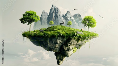 Fantasy floating island on white abstract background with mountains  trees  and animals on grass.