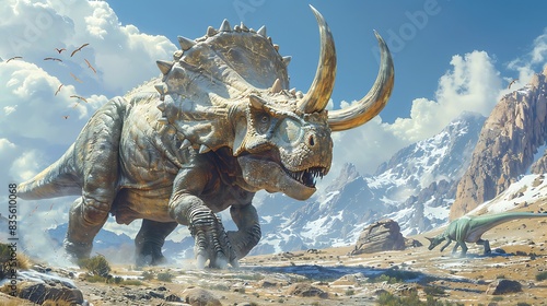 adult Protoceratops defending itself from a predator in a mountainous terrain with other dinosaurs nearby photo