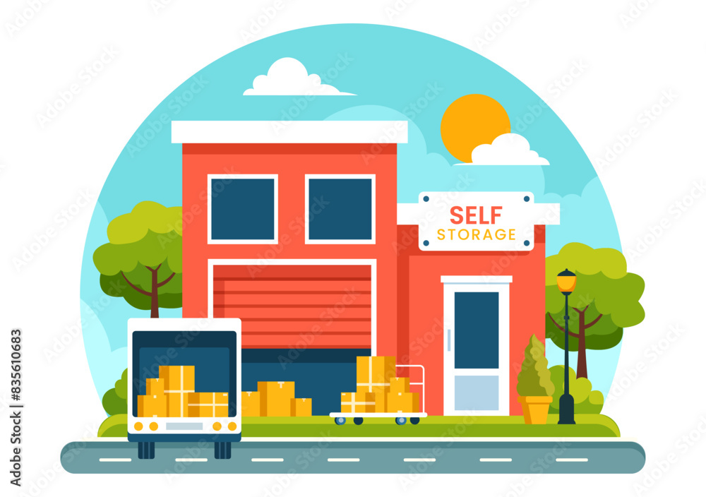 Self Storage Vector Illustration featuring Cardboard Boxes Filled with Unused Items in a Mini Warehouse or Rental Garage in a Flat Cartoon Background