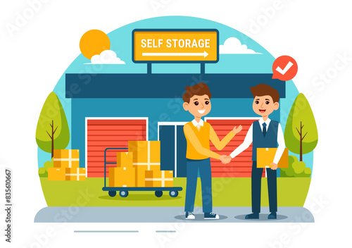 Self Storage Vector Illustration featuring Cardboard Boxes Filled with Unused Items in a Mini Warehouse or Rental Garage in a Flat Cartoon Background