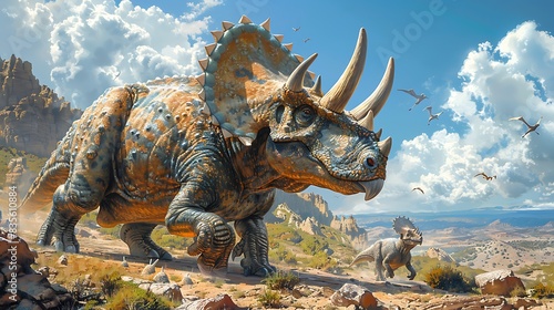 adult Triceratops defending its territory from a rival in a dry rocky landscape with other dinosaurs nearby