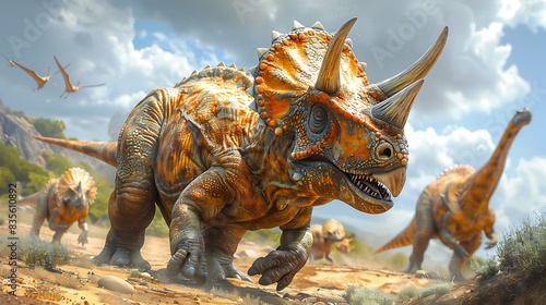 adult Triceratops defending its territory from a rival in a dry rocky landscape with other dinosaurs nearby