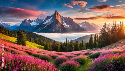 a colorful landscape with trees and pink mountains in the background  with a blue sky