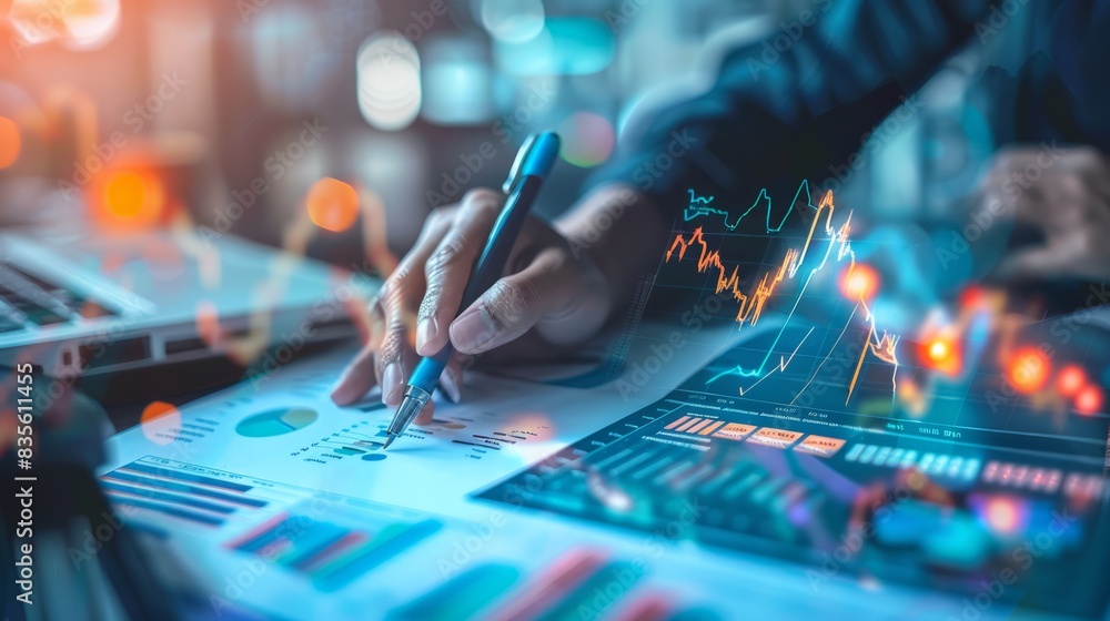 Naklejka premium Analyzing financial investment plan in relation to economic growth. Global network data banking analytics
