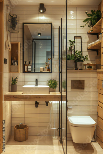 Small stylish design bathroom with stylish mirror  white ceramic sink  toilet and shower  finished with beige tiles