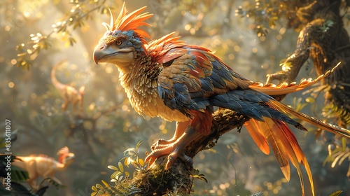 Archaeopteryx perched on a tree branch with colorful feathers catching the sunlight and other dinosaurs nearby
