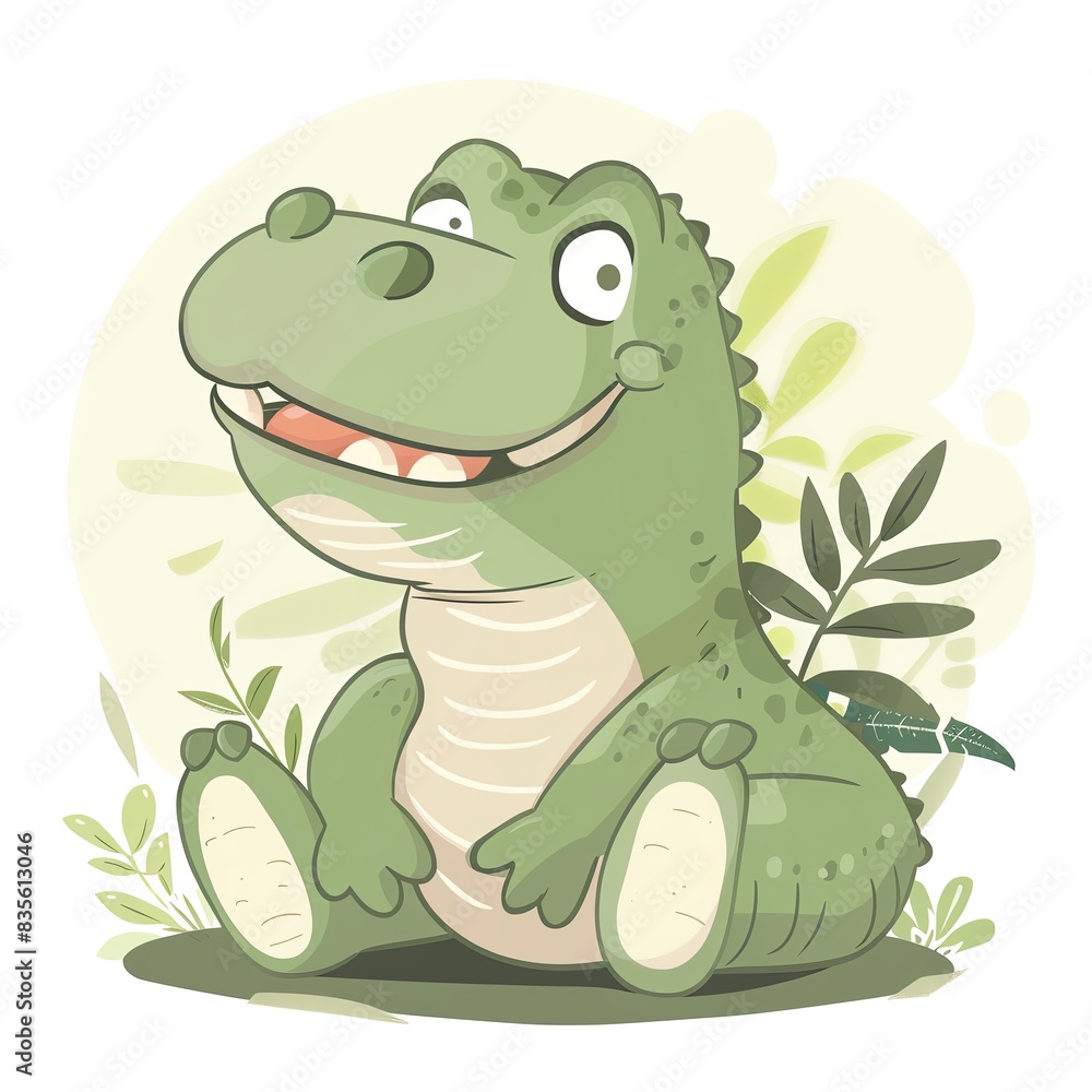 Fototapeta premium Cute cartoon dinosaur with a big smile sitting in the grass