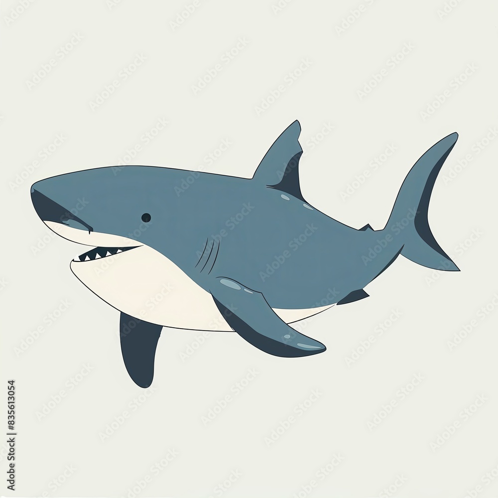 Fototapeta premium Cartoon illustration of a great white shark swimming in the ocean.