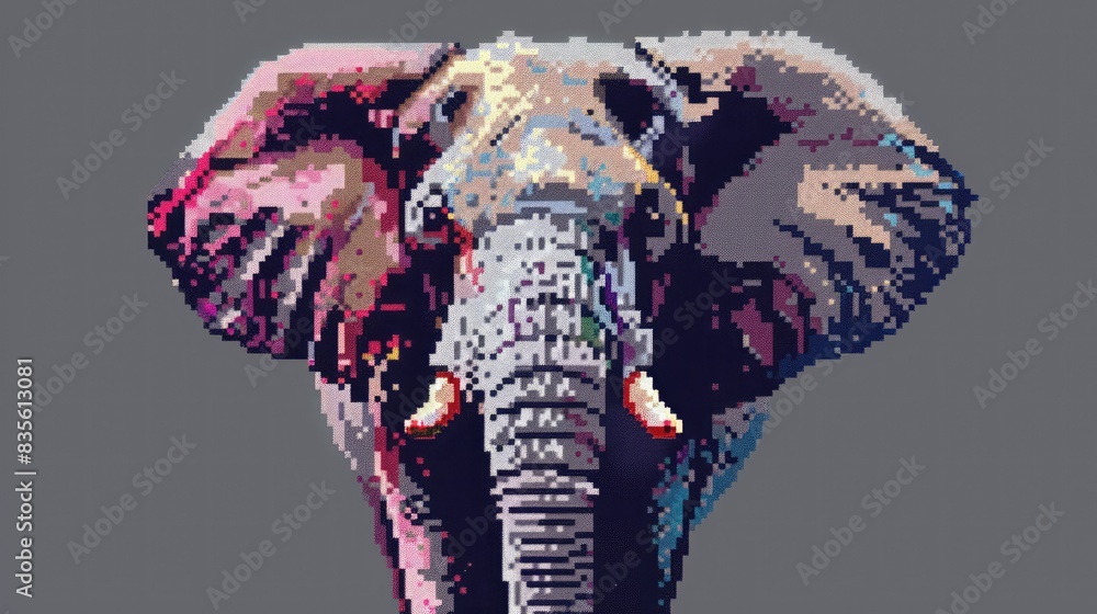 Obraz premium Cute elephant in pixel art with pink ear on grey backdrop