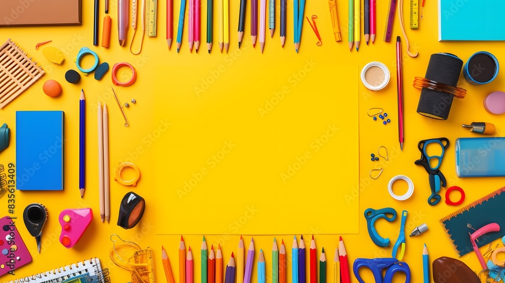 Obraz premium School supplies on yellow background. Back to school concept. 