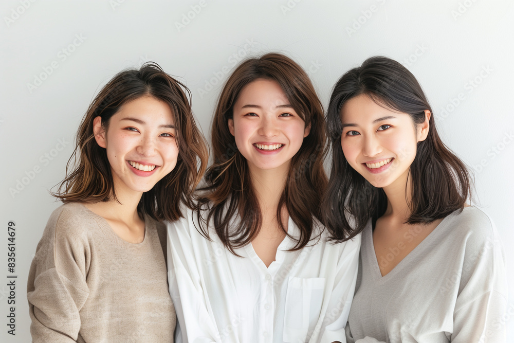 Three Smiling Young Asian Women Posing in Casual Attire for a Friendly Group Portrait on a Light Background Three Smiling Young Asian Women Posing in Casual Attire for a Friendly Group Portrait on a Light Background