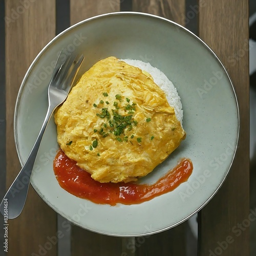 Thai omelette rice with tomato sauce on a plate, Thai food style, graphic illustration image generative ai photo