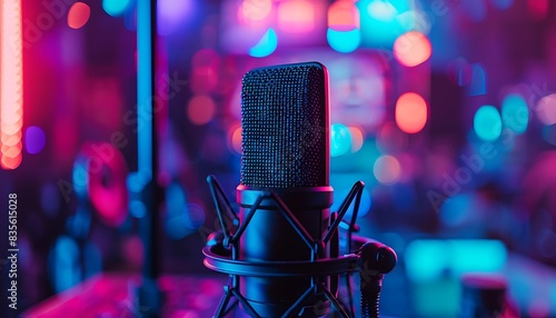 Professional podcast setup with a high-quality microphone, vibrant lighting, and a blurred speaker on stage, ready for a live keynote episode