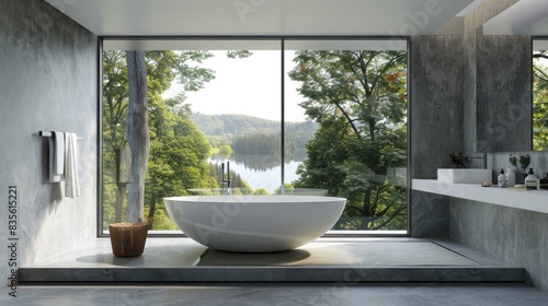 Luxurious modern bathroom with bathtub and large window
