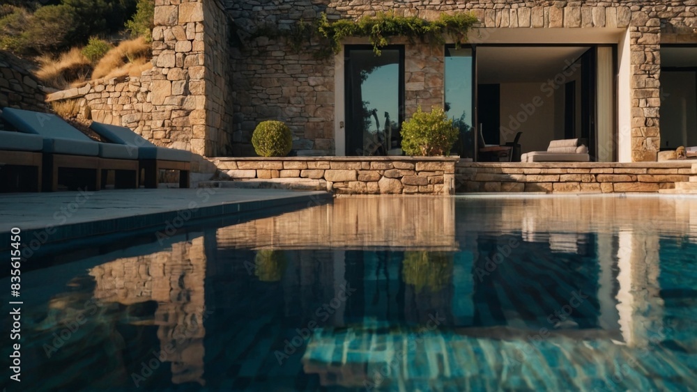 Fototapeta premium A cinematic shot of a the pool at a beautiful villa with stone walls on the ground level