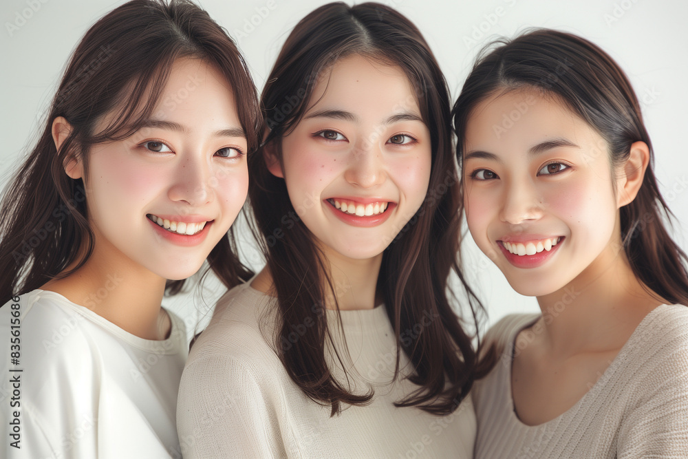 Three Smiling Young Asian Women in Neutral-Colored Sweaters Posing Together for a Warm, Friendly Portrait Three Smiling Young Asian Women in Neutral-Colored Sweaters Posing Together for a Warm, Friendly Portrait
