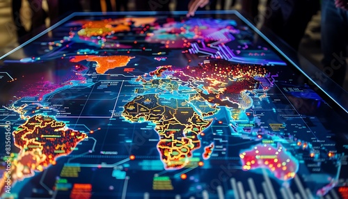 Interactive global trade map on a screen, highlighting key contract clauses and market impacts in a high-tech, data-driven environment photo