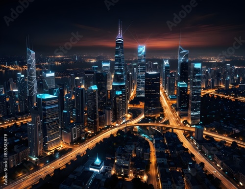Smart city with speed line glowing light trail surround the city. big data connection technology concept.