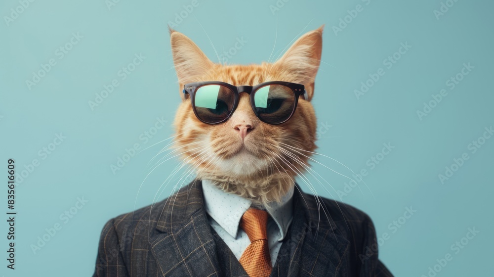 A cat wearing sunglasses and a suit with a tie A cat wearing sunglasses and a suit with a tie