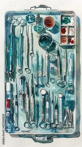 A collection of various dental tools and surgical instruments neatly organized in a stainless steel tray, emphasizing cleanliness and precision. photo